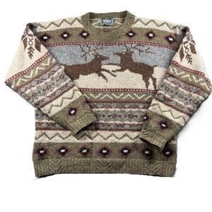 Woolrich Men Sweater Deer Nordic Fair Isle Wool Fisherman Grandpa Medium H269